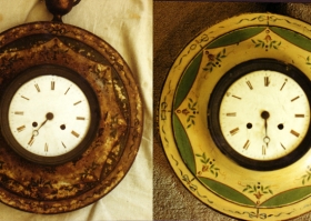 The photo on the left was taken before stripping this rusty timepiece. It was then re-painted. French Toleware Clocks