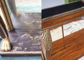 The original rosewood graining was rather dark and probably difficult to sell. I therefore stripped it and simulated a lighter version. Regency Console Table