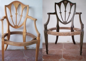 This was one of a pair of Hepplewhite chairs. Although bereft of their original paint it was a fairly standard model and almost certainly would have looked similar to this. Sheraton Armchair