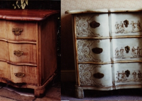 I am not an expert on Danish painted furniture so I'm sure the decoration wouldn't convince everyone but you have to make do with artistic licence sometimes. Danish Serpentine Commode
