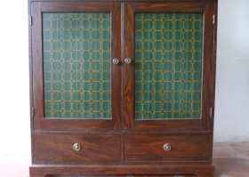 'Regency' TV Cabinet in faux rosewood with Trompe l'oeil grille and pleated silk. Regency TV Cabinet